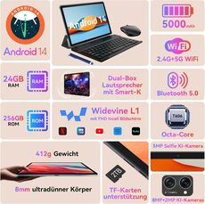 Tablet 10 Android 14 24GB RAM+256GB ROM(2TB TF) Wifi6